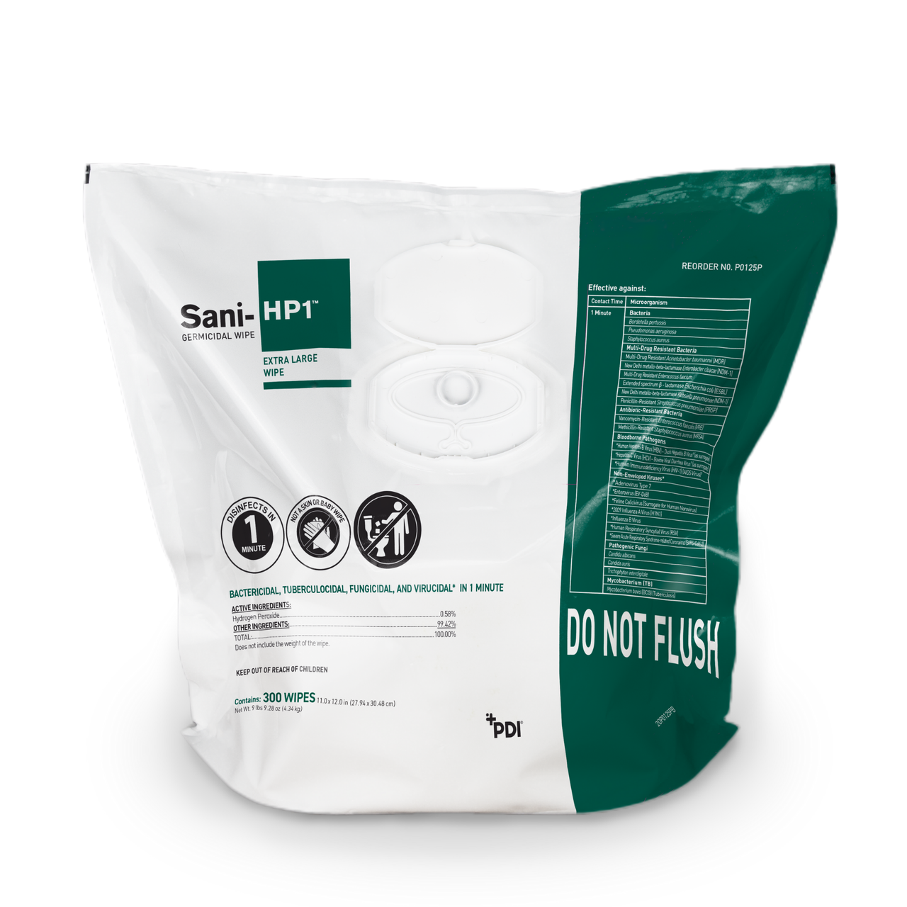PDI SANI-HP1 GERMICIDAL WIPES Sani-HP1™ Germicidal Disinfection 1-minute Hydrogen Peroxide Disposable Wipes, Bulk Wipe 11"x12", 300/Bulk, 2 Bulk/CS (US Only Excluding: Hawaii)