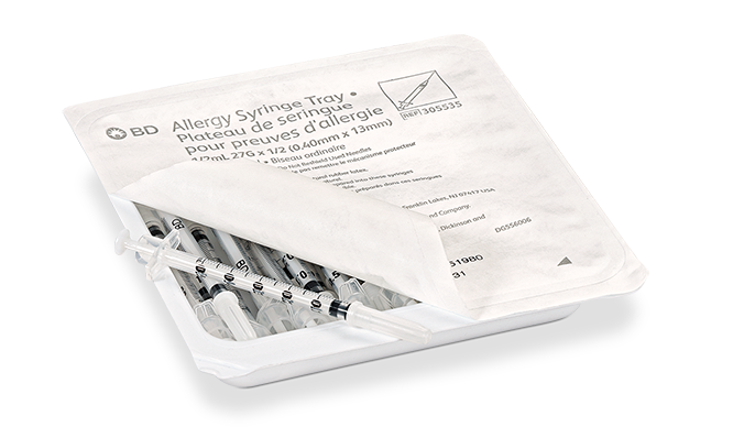 BD PRECISIONGLIDE™ Allergist Tray, ½mL, Permanently Attached Needle, 27G x ½", Regular Bevel, 25/tray, 40 trays/cs (Continental US Only) - 27G