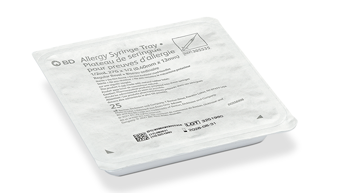BD Allergist Tray, ½mL, Permanently Attached Needle, 27G x ½", Regular Bevel, 25/tray, 40 trays/cs (Continental US Only) - 27G