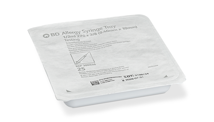 BD Allergist Tray, ½mL, Permanently Attached Needle, 27G x ½", Regular Bevel, 25/tray, 40 trays/cs (Continental US Only) - 27G