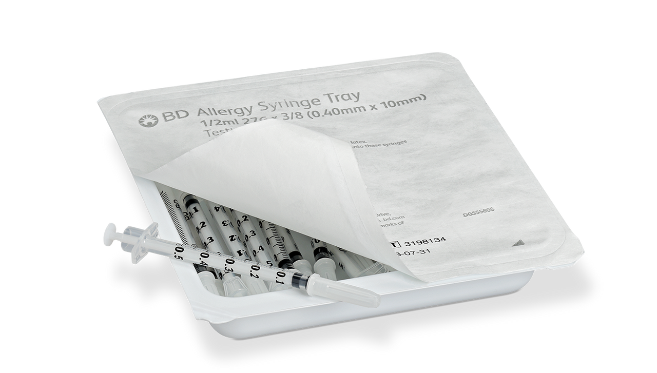 BD PRECISIONGLIDE™ Allergist Tray, ½mL, Permanently Attached Needle, 27G x 3/8", Intradermal Bevel, 25/tray, 40 trays/cs (Continental US Only) - 27G, 3/8"