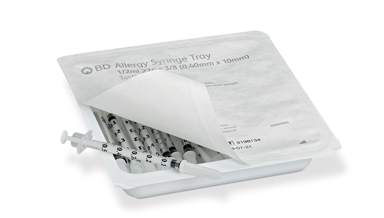 BD Allergist Tray, ½mL, Permanently Attached Needle, 27G x 3/8", Intradermal Bevel, 25/tray, 40 trays/cs (Continental US Only) - 27G, 3/8"