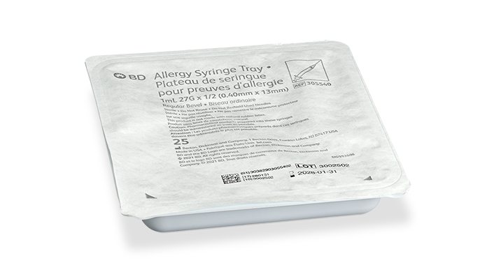 BD PRECISIONGLIDE™ Allergist Tray, 1mL, Permanently Attached Needle, 27G x ½", Regular Bevel, 25/tray, 40 trays/cs (Continental US Only) - 27G
