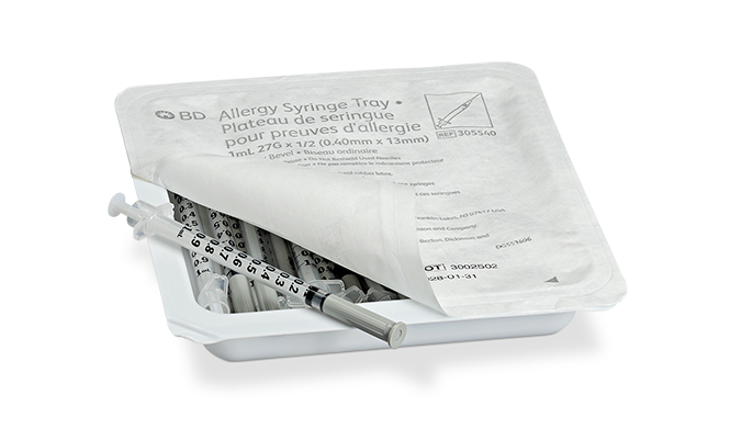 BD PRECISIONGLIDE™ Allergist Tray, 1mL, Permanently Attached Needle, 27G x ½", Regular Bevel, 25/tray, 40 trays/cs (Continental US Only) - 27G