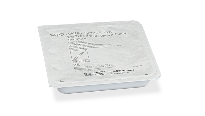 BD Allergist Tray, 1mL, Permanently Attached Needle, 27G x 3/8", Regular Bevel, 25/tray, 40 trays/cs (Continental US Only) - 27G, 3/8"
