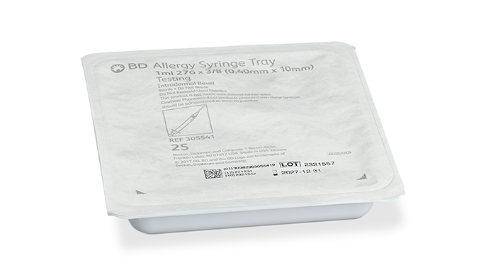 BD Allergist Tray, 1mL, Permanently Attached Needle, 27G x 3/8", Regular Bevel, 25/tray, 40 trays/cs (Continental US Only) - 27G, 3/8"
