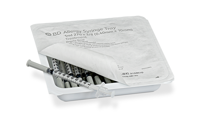 BD Allergist Tray, 1mL, Permanently Attached Needle, 27G x 3/8", Regular Bevel, 25/tray, 40 trays/cs (Continental US Only) - 27G, 3/8"