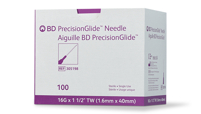 BD PRECISIONGLIDE™ Needle, 16G x 1½" Regular Bevel, Sterile, 100/bx, 10 bx/cs (Continental US Only) - 16G, 1½"