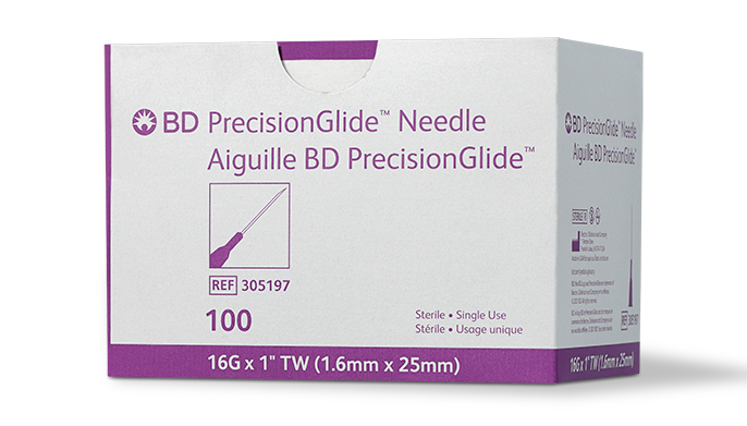 BD Needle, 16G x 1½" Regular Bevel, Sterile, 100/bx, 10 bx/cs (Continental US Only) - 16G, 1½"