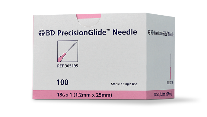BD Needle, 18G x 1", Regular Bevel, Sterile, 100/bx, 10 bx/cs (Continental US Only) - 18G, 1"