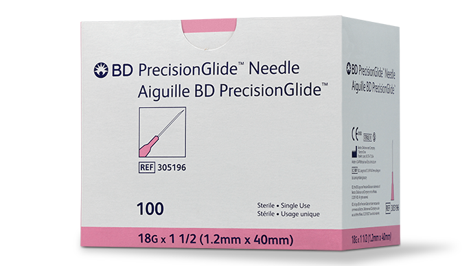 BD Needle, 18G x 1", Regular Bevel, Sterile, 100/bx, 10 bx/cs (Continental US Only) - 18G, 1"