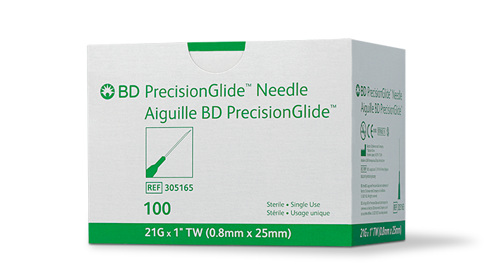 BD PRECISIONGLIDE™ Needle, 21G x 1", Regular Bevel, Sterile, 100/bx, 10 bx/cs (Continental US Only) - 21G, 1"