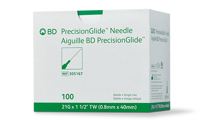 BD Needle, 21G x 1½", Regular Bevel, Sterile, 100/bx, 10 bx/cs (Continental US Only) - 21G, 1½"