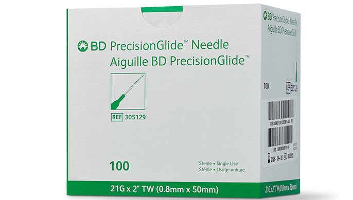 BD Needle, 21G x 2", Regular Bevel, Sterile, 100/bx, 10 bx/cs (Continental US Only) - 21G, 2"