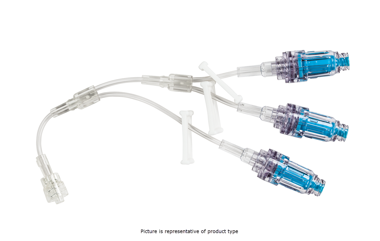 BD Minibore Tri-Fusion Extension Set, (3) MaxPlus Clear Needless Connectors, (3) Slide Clamps, Male Spin Lock, 7" Length, 1.5 mL PV, 50/cs (Continental US Only) - 7"