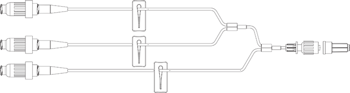 BD Minibore Tri-Fusion Extension Set, (3) MaxPlus Clear Needless Connectors, (3) Slide Clamps, Male Spin Lock, 7" Length, 1.5 mL PV, 50/cs (Continental US Only) - 7"