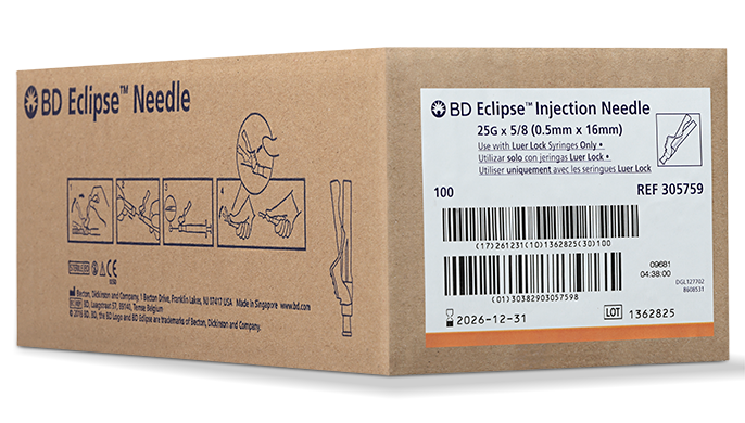 BD ECLIPSE™ Needle, 25G x 5/8", For Luer Lok Syringes Only, 100/bx, 12 bx/cs (Continental US Only) - 25G, 5/8"