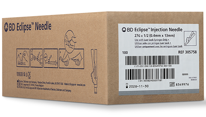 BD Needle, 27G x ½", 100/pk, 12 pk/cs (Continental US Only) - 27G