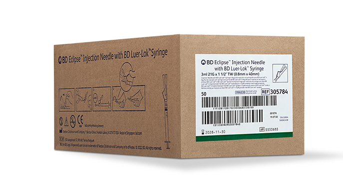 BD ECLIPSE™ Needle, 21G x 1½", 3mL, Luer-Lok™ Syringe, Detachable Needle, 50/bx, 6 bx/cs (Continental US Only) - 21G, 1½"
