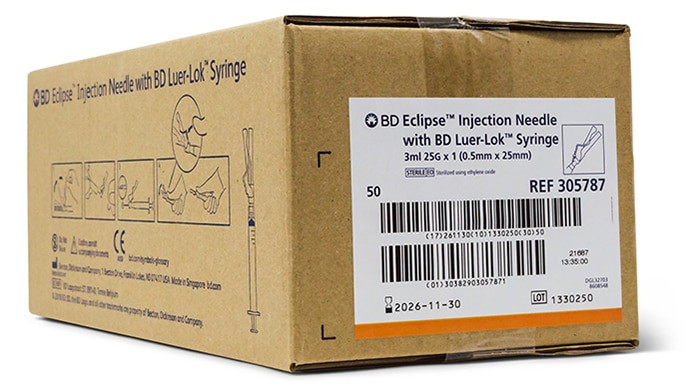 BD ECLIPSE™ Needle, 25G x 1", 3mL, Luer-Lok™ Syringe, Detachable Needle, 50/bx, 6 bx/cs (Continental US Only) - 25G, 1"