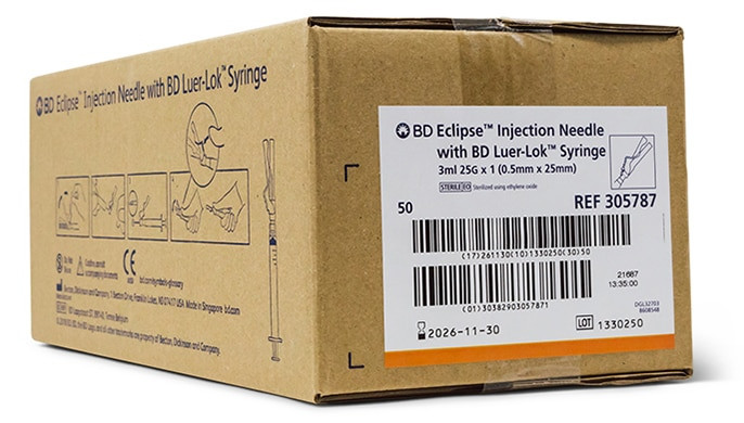 BD Needle, 25G x 1", 3mL, Luer-Lok™ Syringe, Detachable Needle, 50/bx, 6 bx/cs (Continental US Only) - 25G, 1"