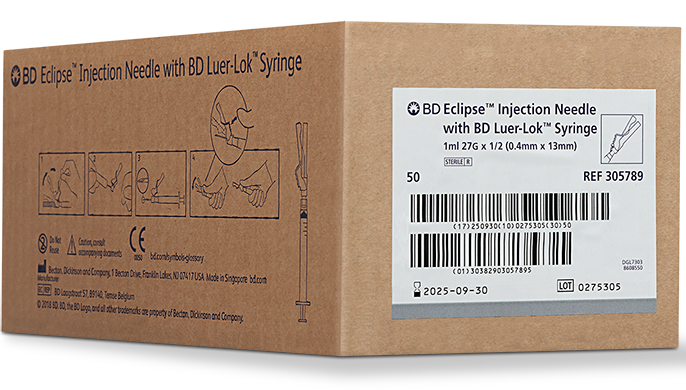 BD Needle, 27G x ½", 1mL, Luer-Lok™ Syringe, Detachable Needle, 50/bx, 6 bx/cs (Continental US Only) - 27G