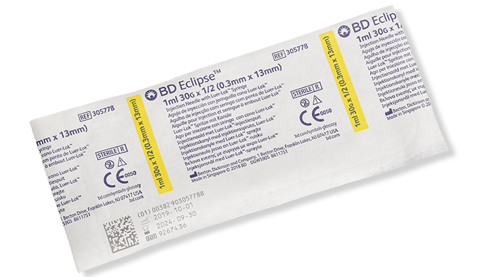 BD ECLIPSE™ Needle, 30G x ½", 1mL, Luer-Lok™ Syringe, Detachable Needle, 50/bx, 6 bx/cs (Continental US Only) - 30G