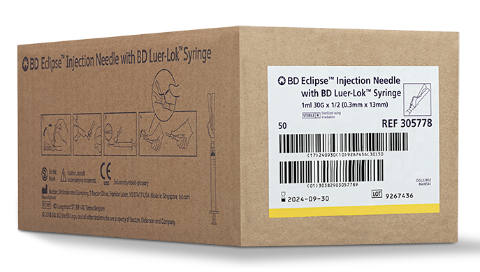 BD Needle, 30G x ½", 1mL, Luer-Lok™ Syringe, Detachable Needle, 50/bx, 6 bx/cs (Continental US Only) - 30G