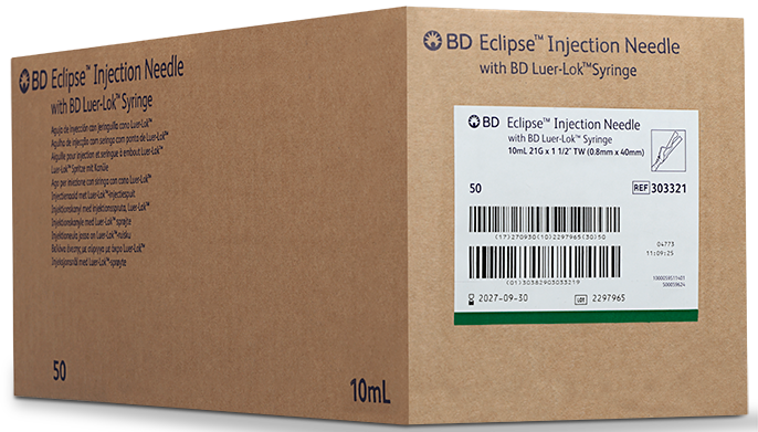 BD Syringe with Eclipse™ Needle, 10 ml, Luer Lock, 21G x 1.5", RB, Thin Wall, 50/pk, 6 pk/cs (Continental US Only) - 21G, 5"