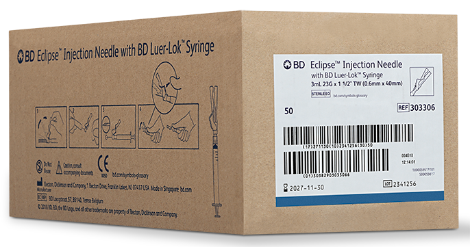 BD Syringe with Eclipse™ Needle, 3 ml, Luer Lock, 23G x 1.5", RB, Thin Wall, 50/pk, 6 pk/cs (Continental US Only) - 23G, 5"