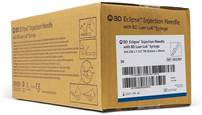 BD Syringe with Eclipse™ Needle, 5 ml, Luer Lock, 23G x 1.5", RB, Thin Wall, 50/pk, 6 pk/cs (Continental US Only) - 23G, 5"