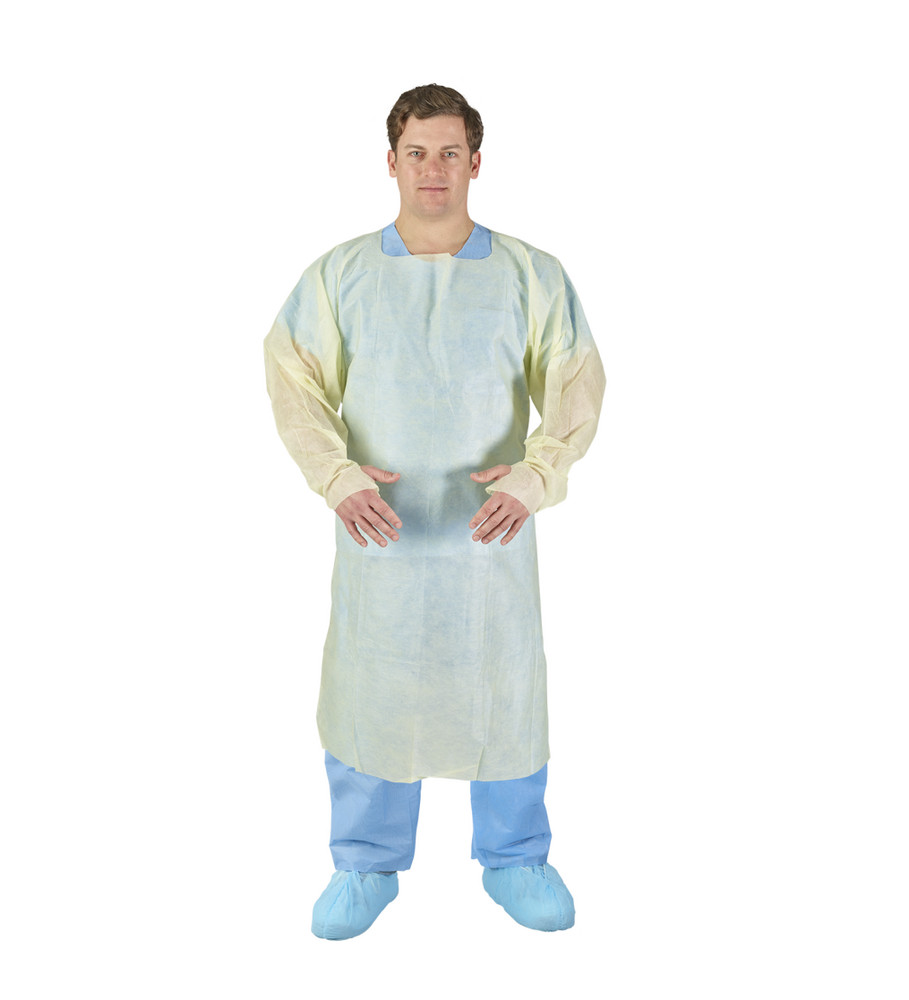 HALYARD OVER-THE-HEAD TRI-LAYER ISOLATION GOWNS - Over-the-Head Isolation Gown, Light Weight, Tri-Layer, Thumb Hooks w/ Elastic, Yellow, Universal, 100/cs (US Only)