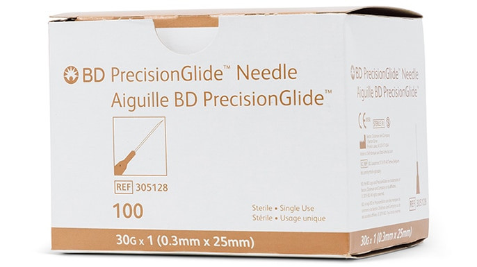 BD Needle, 30G x 1", Regular Bevel, Sterile, 100/bx, 10 bx/cs (Continental US Only) - 30G, 1"