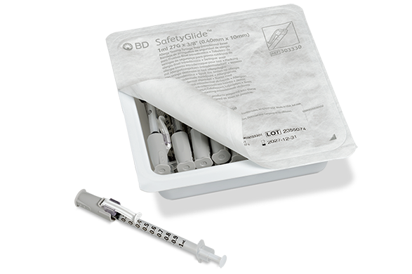 1 mL BD SafetyGlide™ Allergy Syringe Tray with 27 G x 3/8 in. Permanently Attached Needle (intradermal bevel)