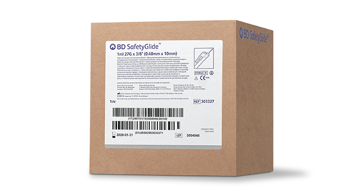 Syringe, 1mL BD SafetyGlide™ Tuberculin, 27 G x ½" Permanently Attached Needle, Regular Bevel, 100/bx, 4 bx/cs (Continental US Only)