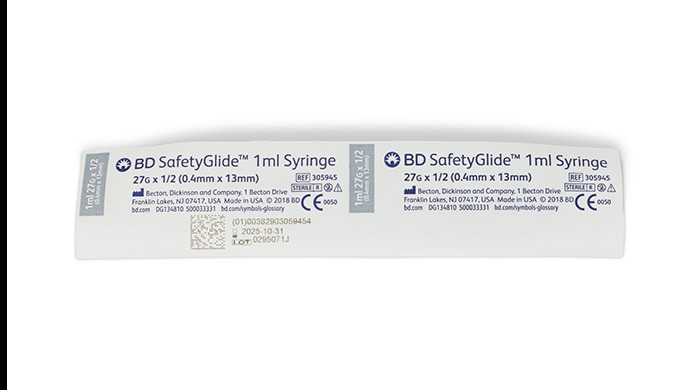 Syringe, 1mL BD SafetyGlide™ Tuberculin, 27 G x ½" Permanently Attached Needle, Regular Bevel, 100/bx, 4 bx/cs (Continental US Only)