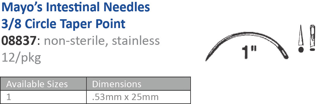 CINCINNATI SUTURE NEEDLES - NON-STERILE Suture Needle, Size 1, Mayos Intestinal, 3/8 Circle Taper Point, 12/pk (Vendor MOQ 10 DZ) ()<img align="middle" src="/images/MOQ.png" border="0" title="MOQ"/