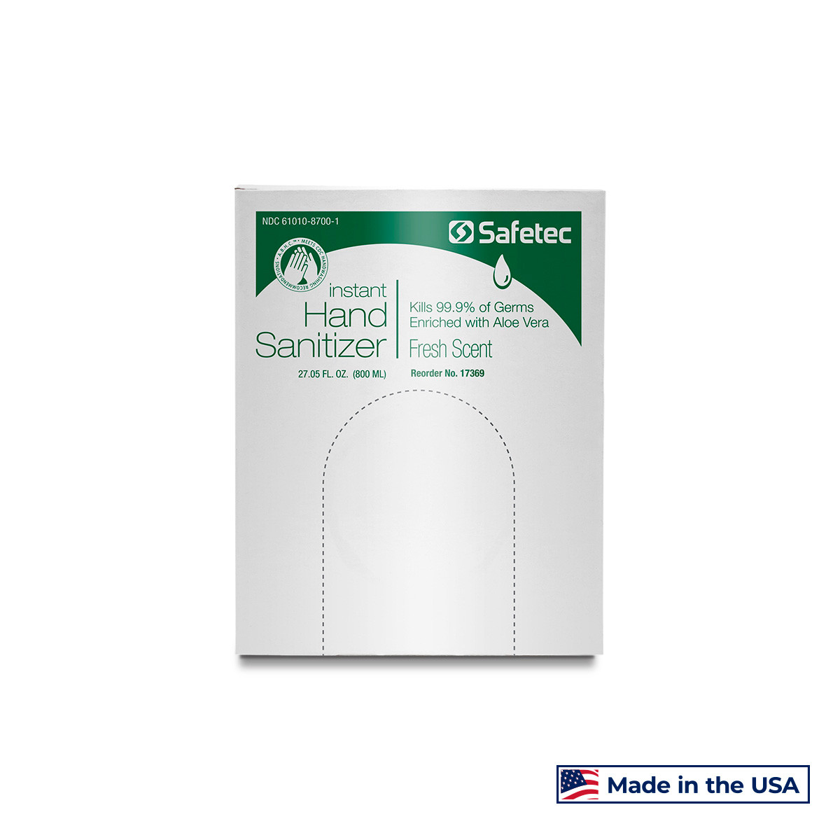 SAFETEC MANUAL & AUTOMATIC HAND SANITIZER DISPENSERS Automatic Dispenser Refill, Bag-in-Box, 800mL, Fresh Scent, 12/cs (HAZMAT Fees Apply, cannot ship via Air or to AK, GU, HI, MP, PR, VI) (Not Available for Sale into Canada)