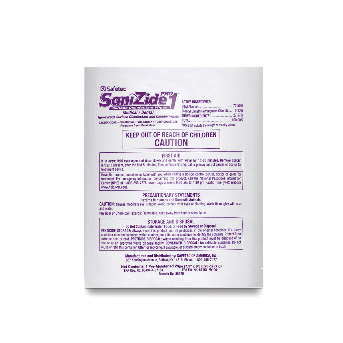 SAFETEC SANIZIDE PRO 1® SURFACE DISINFECTANT SaniZide Pro 1, Wipes, 50/bx, 6 bx/cs (HAZMAT Fees Apply, cannot ship via Air or to AK, GU, HI, MP, PR, VI) (Not Available for Sale into Canada)