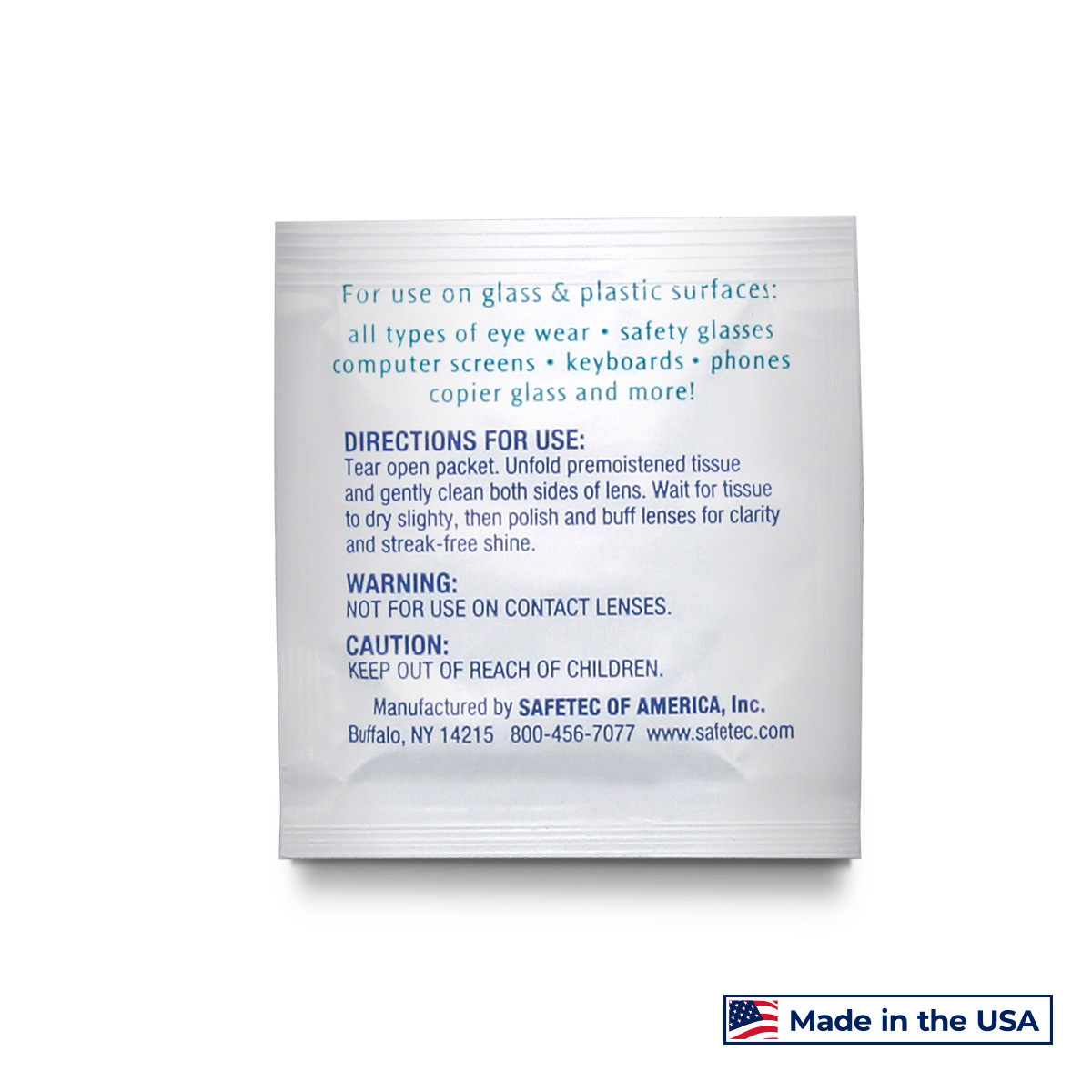 SAFETEC LENS CLEANER WIPE Lens Cleaner Wipes, 100/bx, 10 bx/cs (HAZMAT Fees Apply, cannot ship via Air or to AK, GU, HI, MP, PR, VI) (Available to Continental US & Canada dealers only)