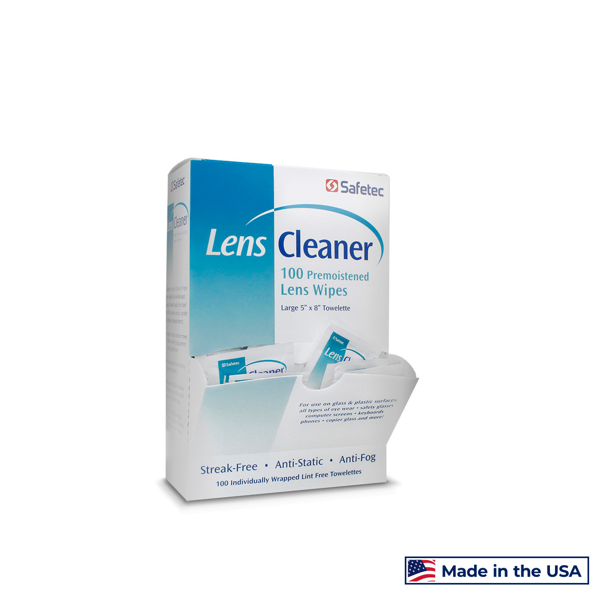 SAFETEC LENS CLEANER WIPE Lens Cleaner Wipes, 100/bx, 10 bx/cs (HAZMAT Fees Apply, cannot ship via Air or to AK, GU, HI, MP, PR, VI) (Available to Continental US & Canada dealers only)