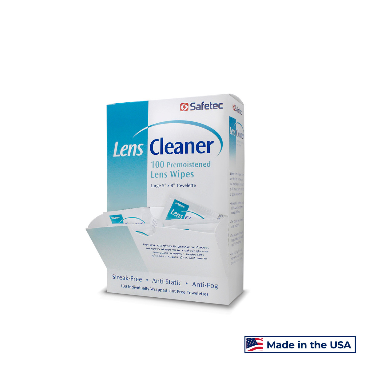 SAFETEC LENS CLEANER WIPE Lens Cleaner Wipes, 100/bx, 10 bx/cs (HAZMAT Fees Apply, cannot ship via Air or to AK, GU, HI, MP, PR, VI) (Available to Continental US & Canada dealers only)