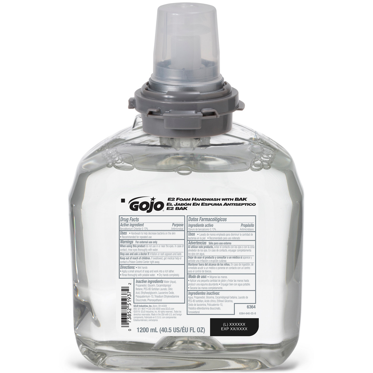 GOJO TFX™ DISPENSER TFX Handwash, for Touch Free Dispenser, 1200ml, E2, Foam, BAK, Clear, 2/cs