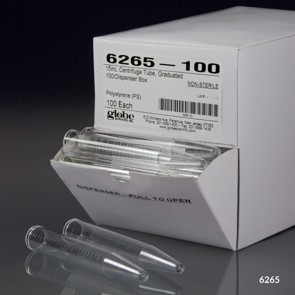 GLOBE SCIENTIFIC GENERAL PURPOSE CENTRIFUGE TUBES & CAPS Centrifuge Tube, 15 mL, PS, Graduated, Conical Bottom, 100/bx, 10 bx/cs
