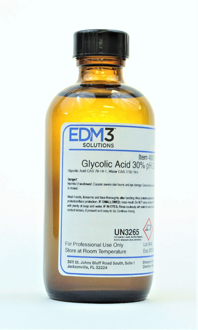 EDM3 STAINS AND REAGENTS Glycolic Acid, 30%, 4 oz (Item is Non-Returnable) (US Only) (HAZMAT Fees Apply, cannot ship via Air or to AK, GU, HI, MP, PR, VI)