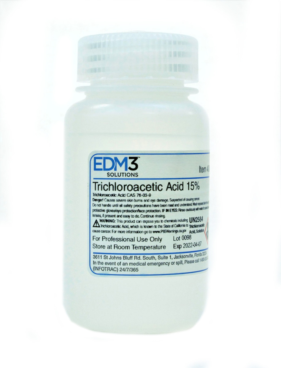 EDM3 STAINS AND REAGENTS Trichloroacetic Acid, 15%, 4 oz (Item is Non-Returnable) (US Only) (HAZMAT Fees Apply, cannot ship via Air or to AK, GU, HI, MP, PR, VI)