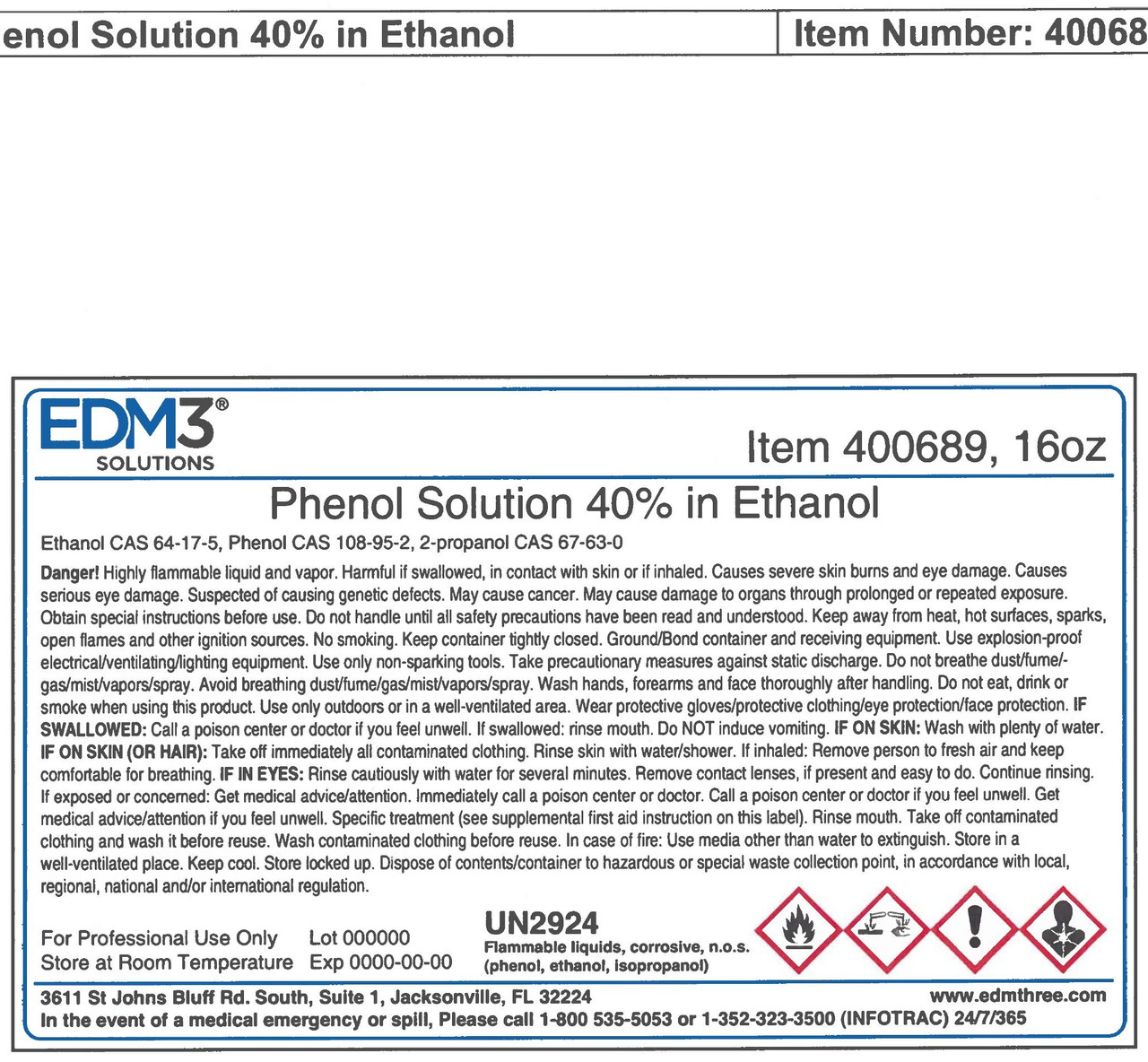 EDM3 STAINS AND REAGENTS Phenol, 40%, 16 oz ( ONLY) (Item is Non-Returnable) (US Only) (HAZMAT Fees Apply, cannot ship via Air or to AK, GU, HI, MP, PR, VI)