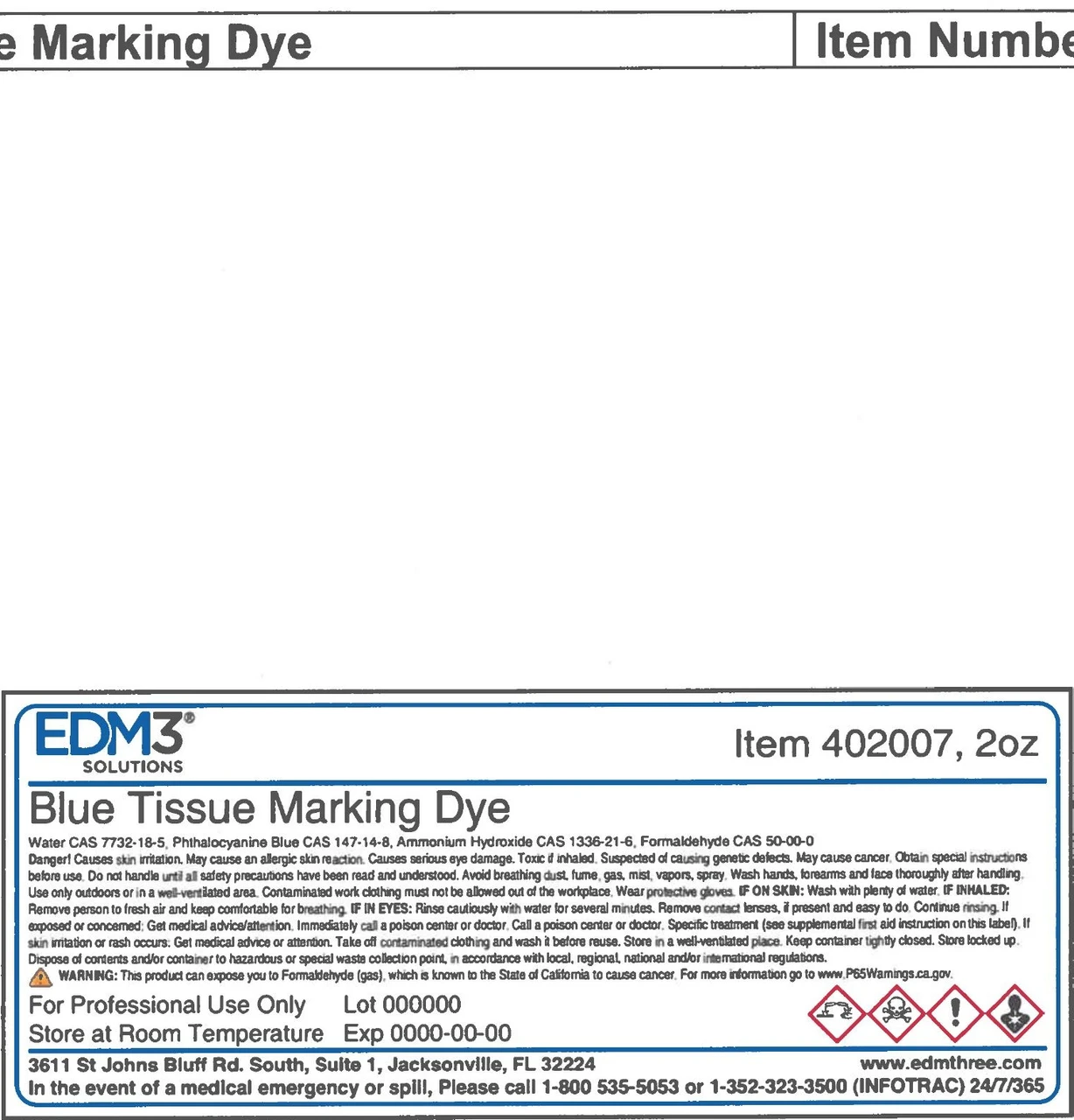 EDM3 MOHS KIT & ACCESSORIES Tissue Marking Dye, Blue, 2 oz (Item is Non-Returnable) (US Only)