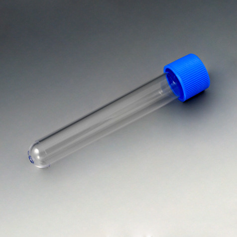 GLOBE SCIENTIFIC PLASTIC TEST TUBES Test Tube, PS, 10 mL, 16 x 100mm, w/ Attached Blue Screw Cap, 1000/cs