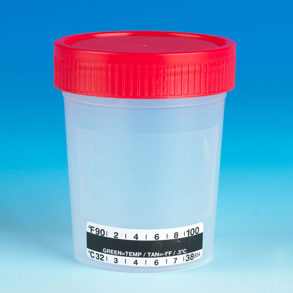 GLOBE SCIENTIFIC URINE COLLECTION CONTAINERS Urine Collection Container, 4 oz, PP, Red Screw Cap, Graduated Non-sterile, 500/cs